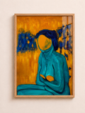 Blue figure yellow abstract A3 framed wall art by Aleno Gallery - aleno.co.uk