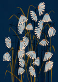 Midnight blue botanical wall art with abstract white flowers and golden stems