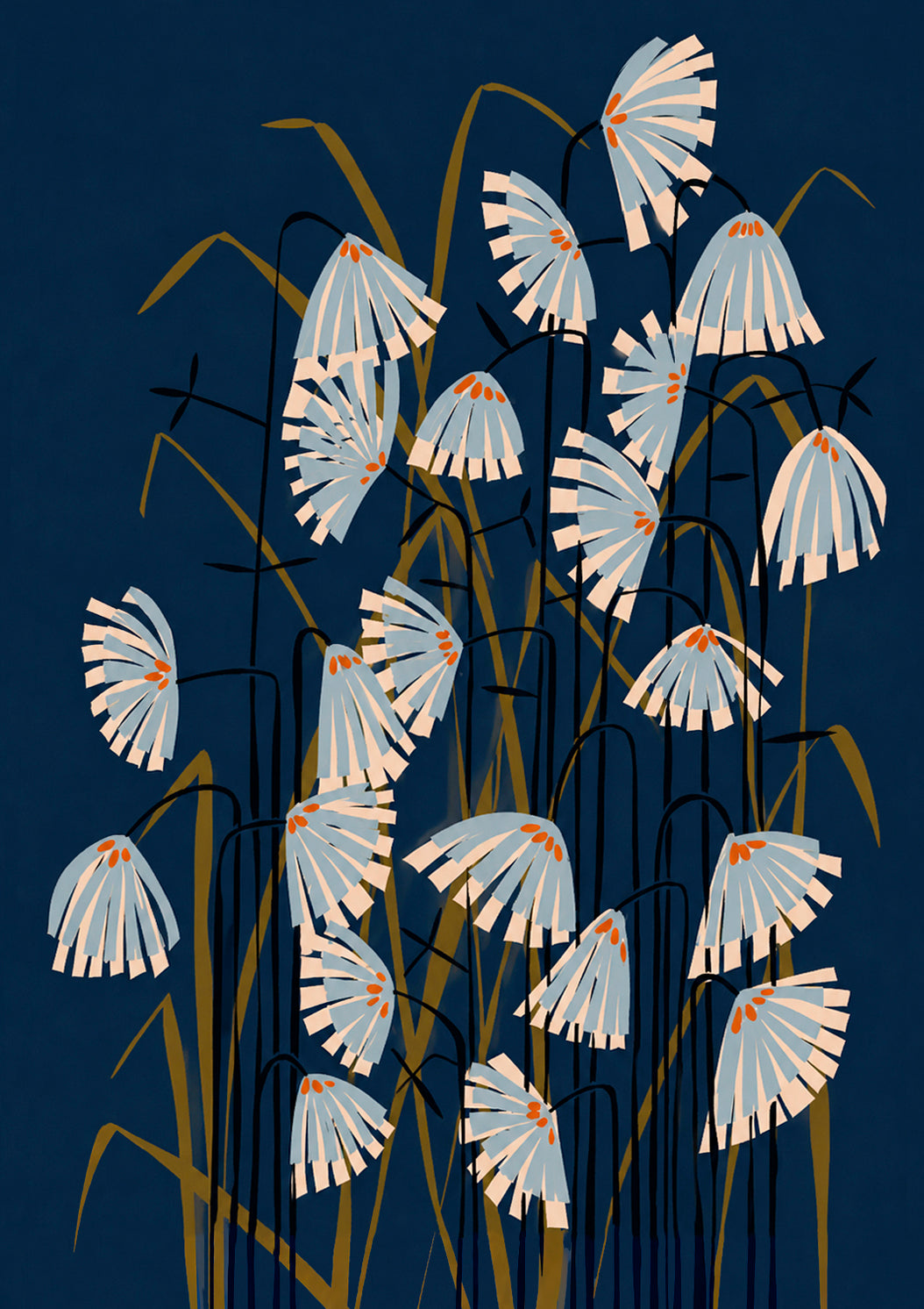Midnight blue botanical wall art with abstract white flowers and golden stems