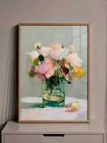 Soft floral vase wall art with painterly pastel flowers in a light oak effect frame