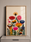 Colourful botanical wall art with vibrant garden flowers in a light oak effect frame